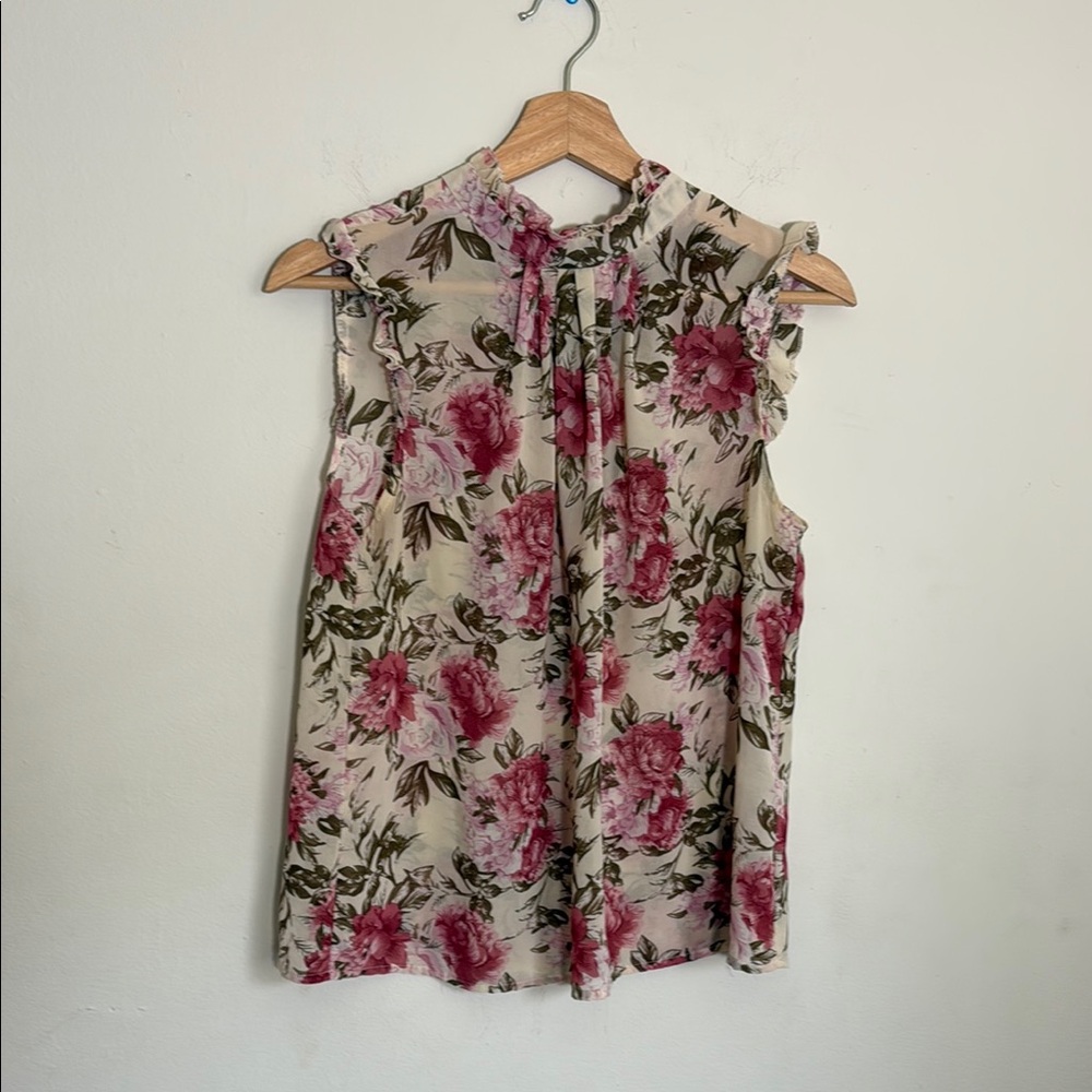 Pink and Ivory Ruffled Sleeveless Blouse with Mandarin Collar